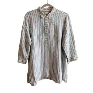 J Jill Love Linen Blue White Striped Tunic Top Women’s Medium Linen Button Front